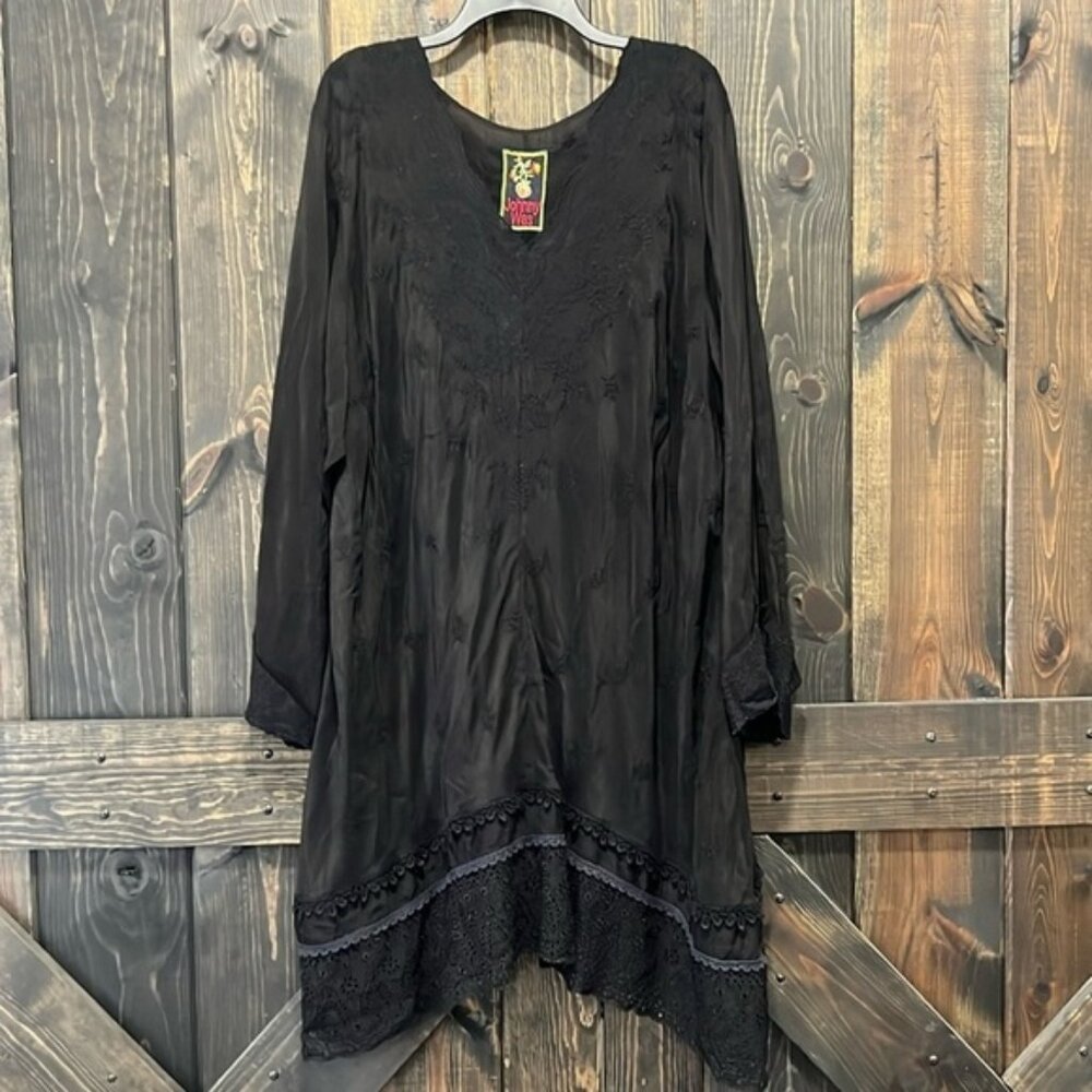 Johnny Was Bohemian Lace Tunic Dress Size L Black Oversized Relaxed Boho Rayon